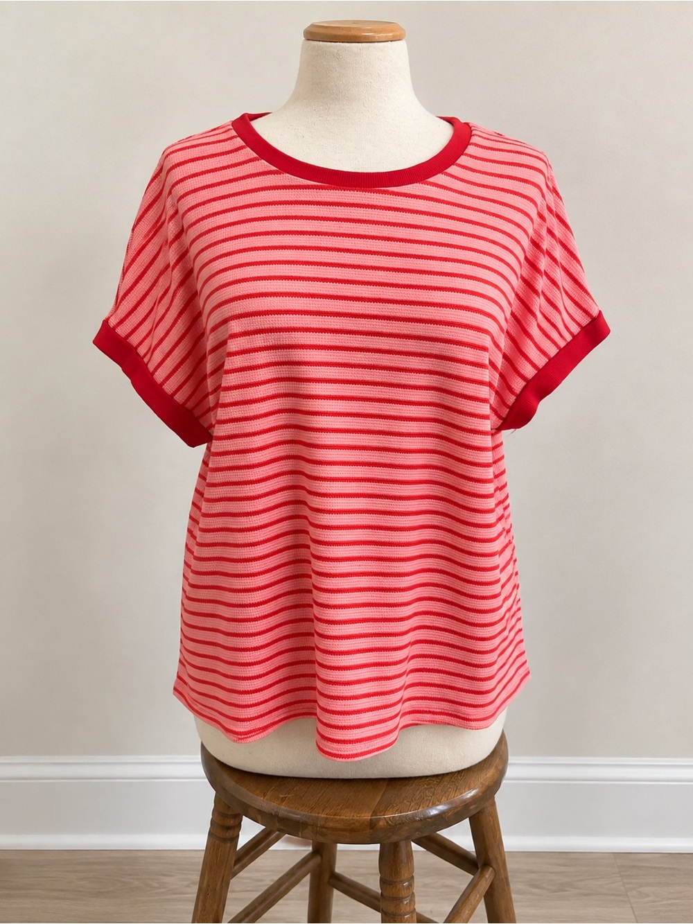 Women's Pink Striped Short Sleeve Knit Top